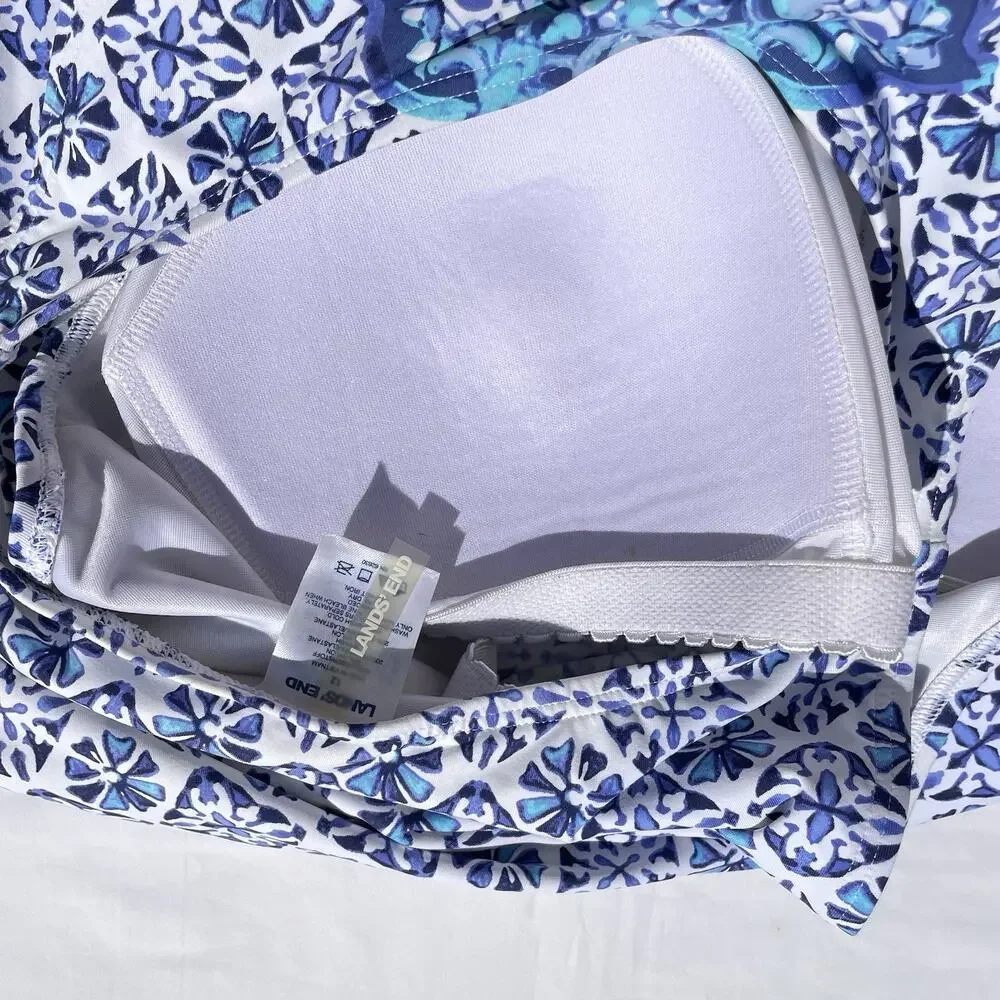 Lands' End Blue and White Tile-Print Tankini with Royal Blue Swim Shorts